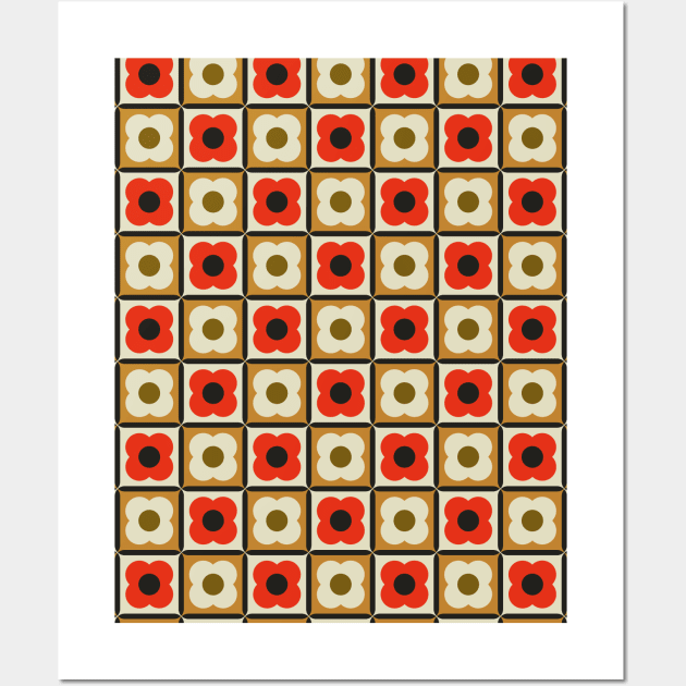 Retro Floral Checker Pattern Red, Burnt Orange, Cream Wall Art by tramasdesign